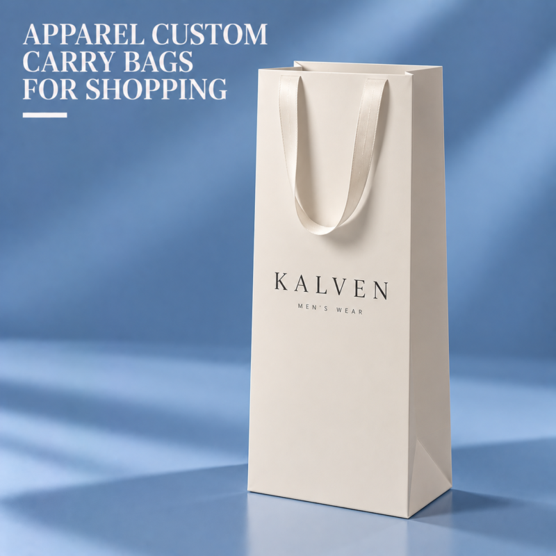 Custom Apparel Shopping Bags-主图 Custom apparel shopping bags with ribbon handles and luxury paper packaging design