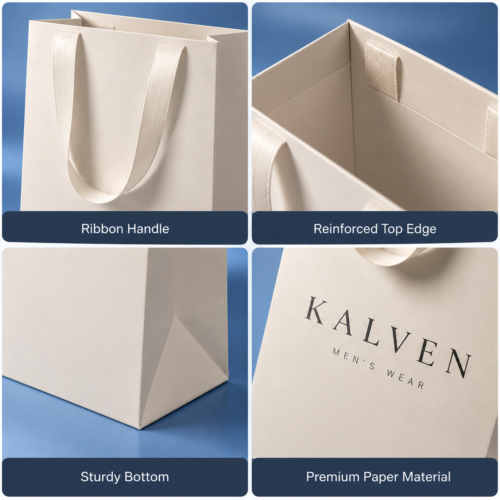 Custom Apparel Shopping Bags-略缩图1 Custom printed apparel shopping bags with premium paper material and elegant handle details