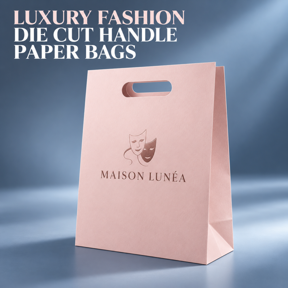Custom Clothing Die Cut Handle Paper Bags | Luxury Fashion Shopping Bags | Custom Printed Boutique Bags | Die Cut Paper Shopping Bags
