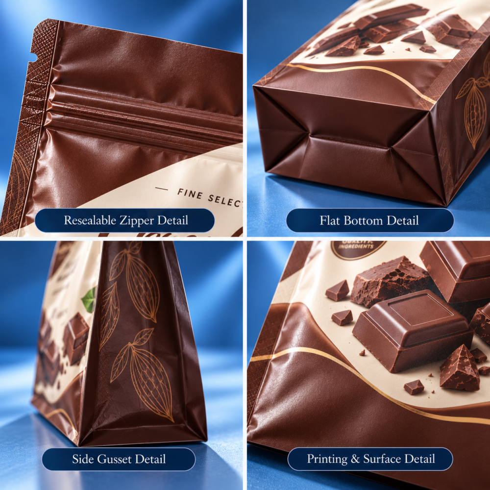 Custom Flat Bottom Bags-略缩图1 Custom Flat Bottom Bag Structure with Gusseted Base and Zipper