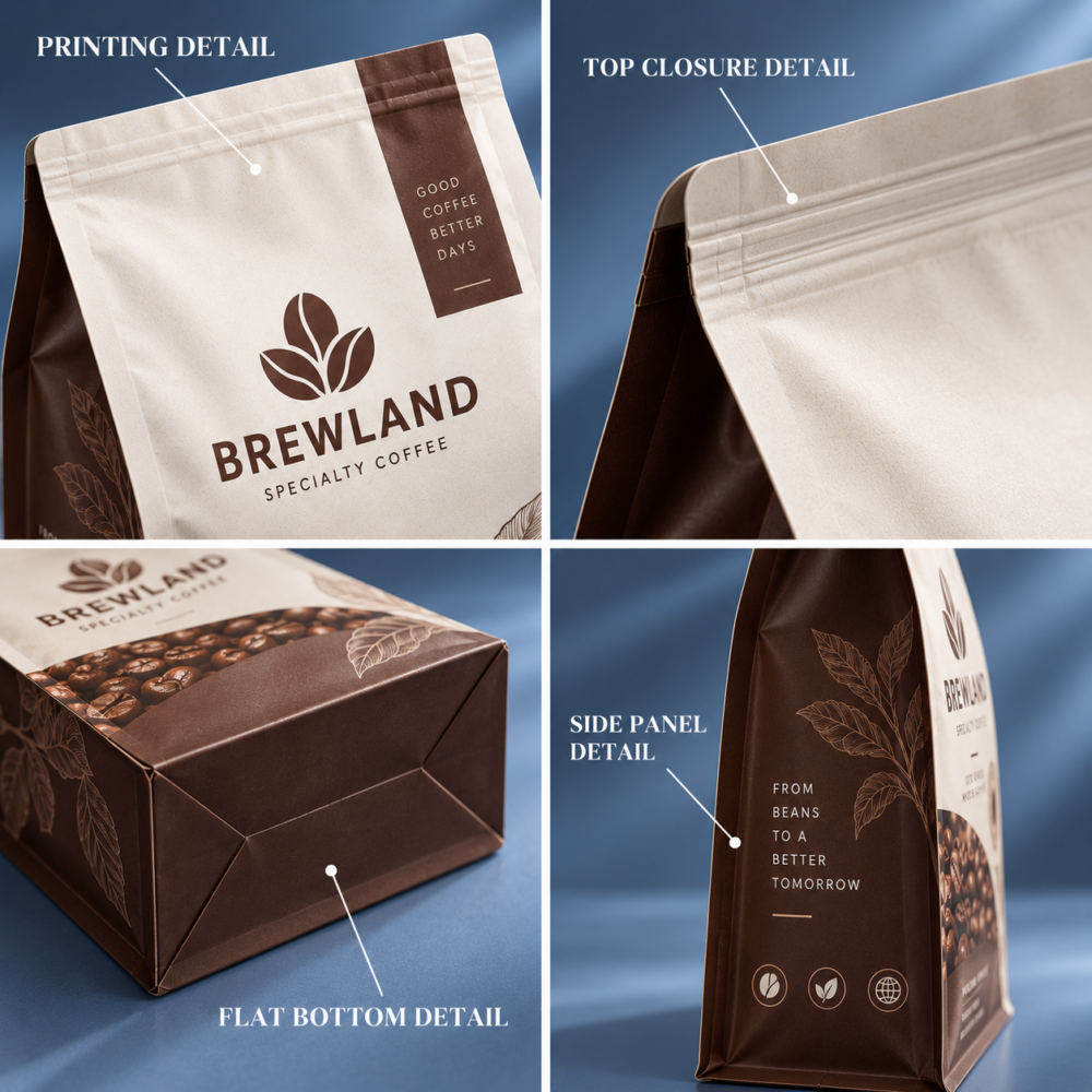 custom flat bottom coffee bags with box bottom structure