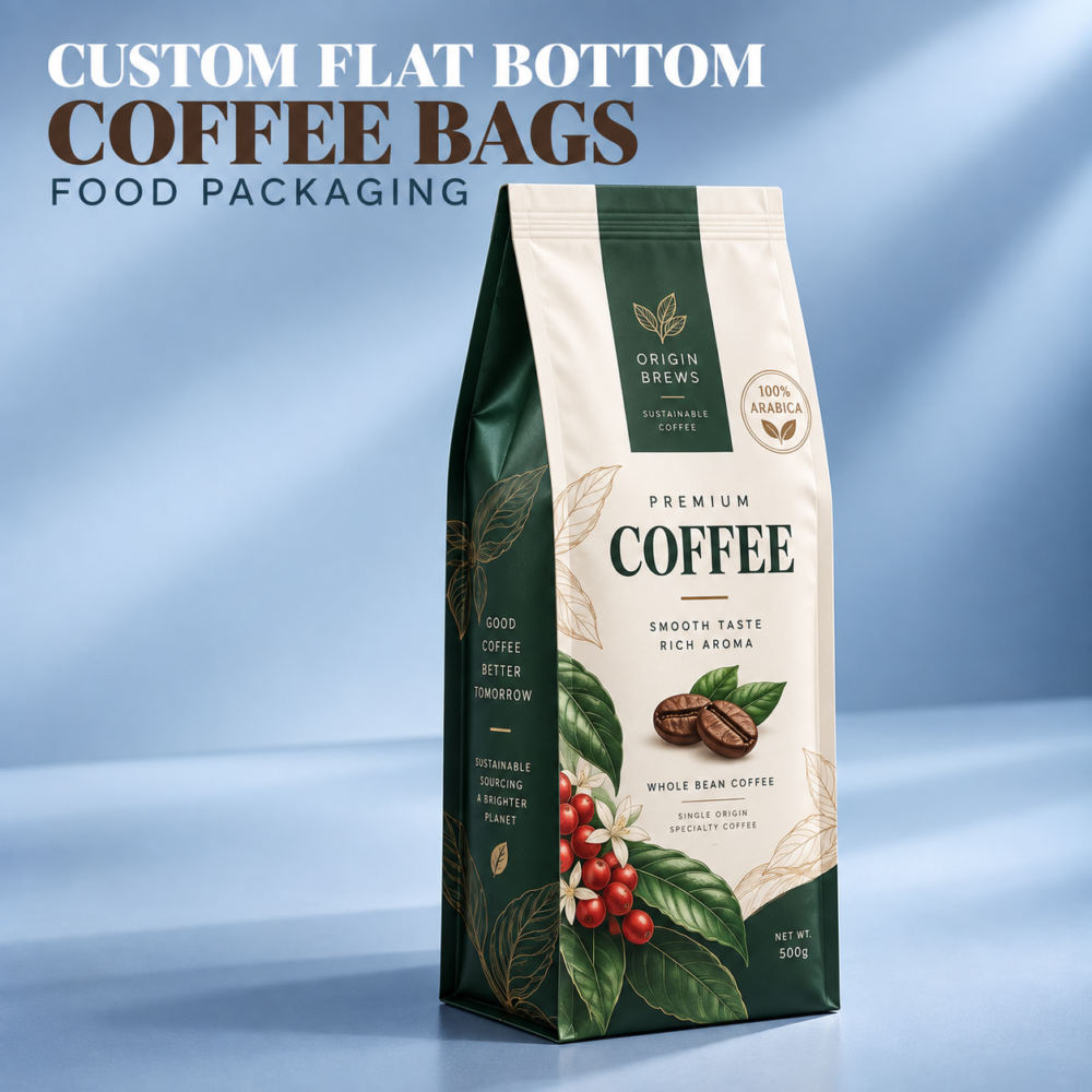 custom flat bottom coffee bags for ground coffee