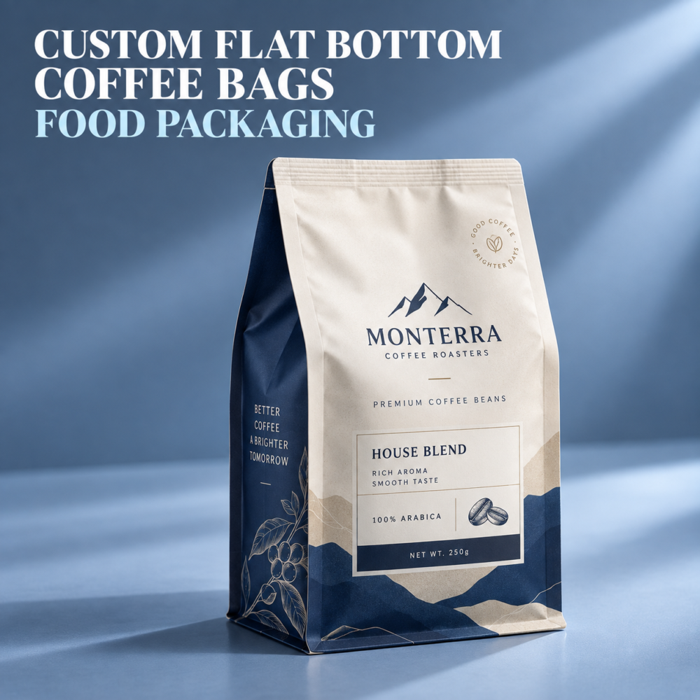 Custom Flat Bottom Coffee Bags | Box Bottom Coffee Pouches | Coffee Bean & Ground Coffee Bags