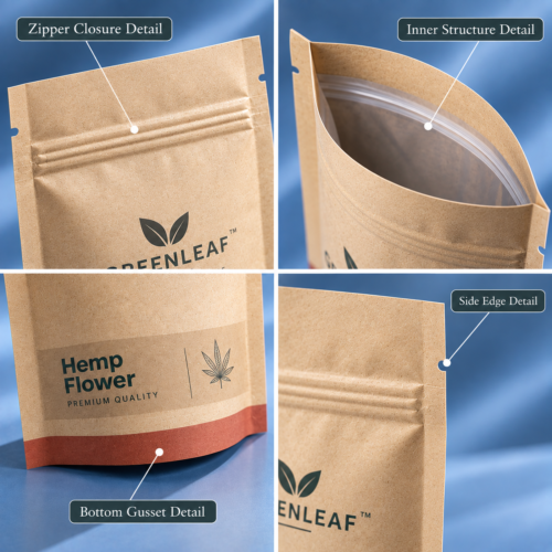 custom hemp flower stand up pouch zipper closure detail