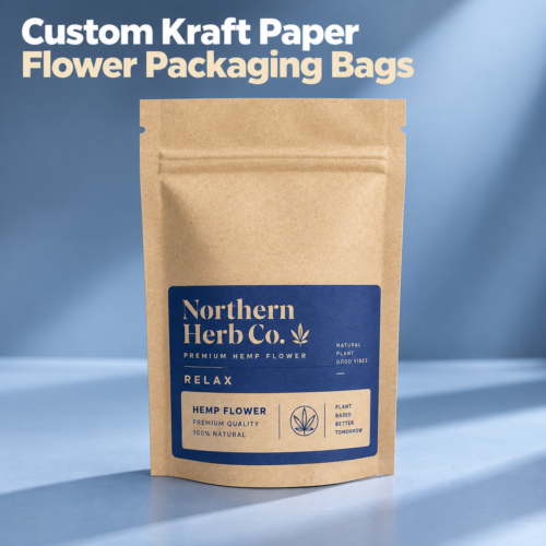 kraft paper hemp flower stand up pouch with bottom gusset