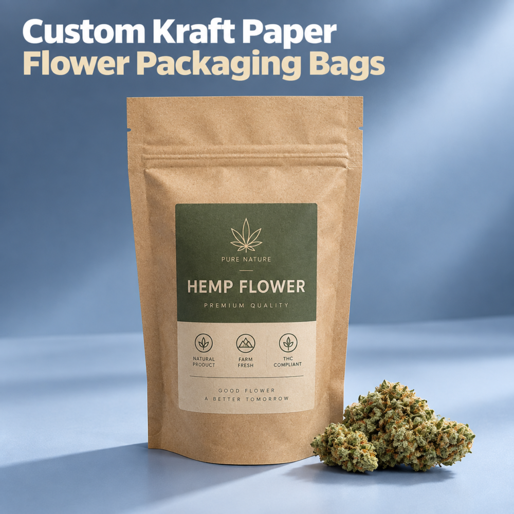 Custom Hemp Flower Stand Up Pouches | Kraft Paper Zipper Bags with Bottom Gusset