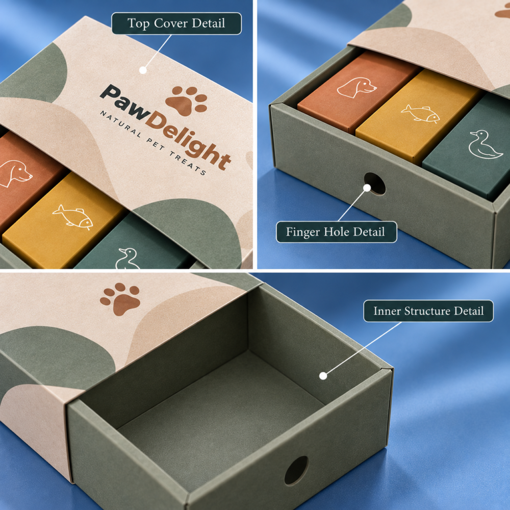 Custom Pet Treat Slide Boxes-略缩图1 custom pet treat slide box sleeve and tray structure