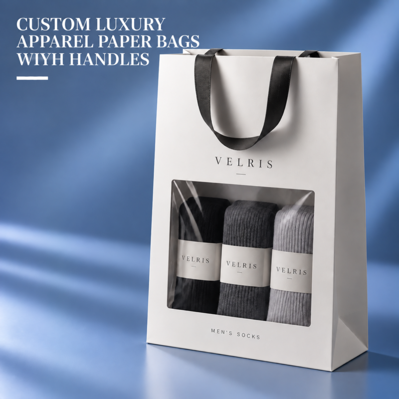 Custom Recyclable Apparel Paper Bags-主图 Custom recyclable apparel paper bags with handles and premium custom printing
