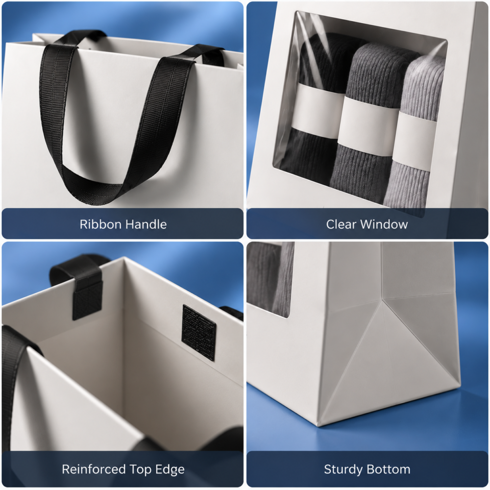 Custom recyclable apparel paper bags with luxury paper material and ribbon handles