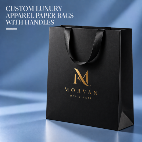 Eco friendly recyclable paper shopping bags with custom printed apparel packaging design