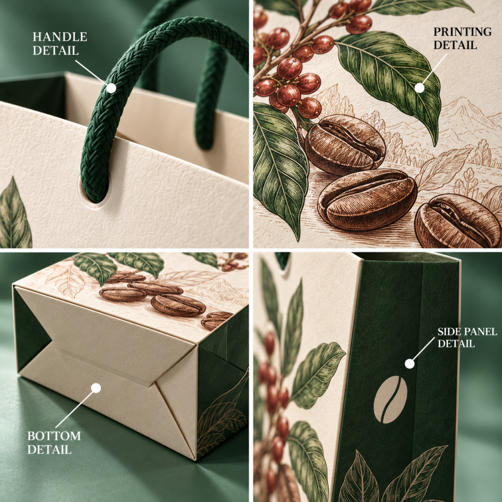 Coffee Bean Paper Carrier Bags-略缩图1 Coffee Paper Carrier Bag Handle and Bottom Details