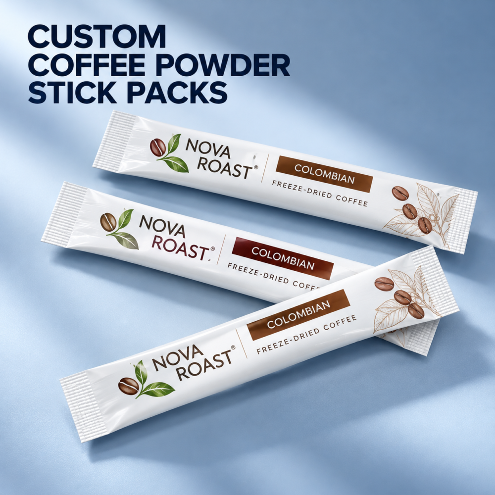 White Coffee Powder Stick Sachets with Custom Printing