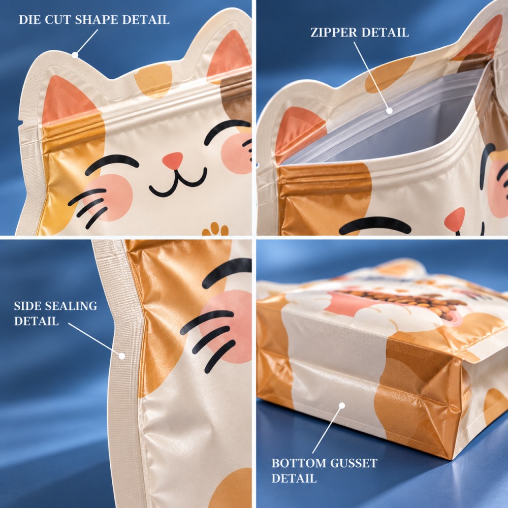 Custom Die Cut Cat Food Pouch Structure and Zipper Details