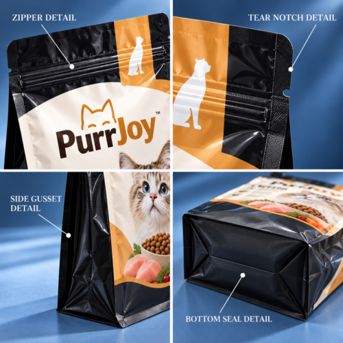 Eight-Side Seal Cat Food Bag with Zipper and Box Bottom Details
