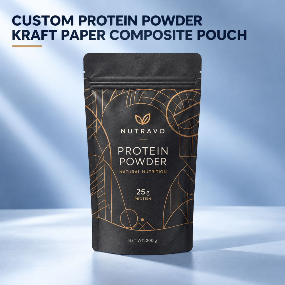 Custom Kraft Paper Protein Powder Pouches-主图 Custom Kraft Paper Protein Powder Pouches with Stand-Up Zipper Closure