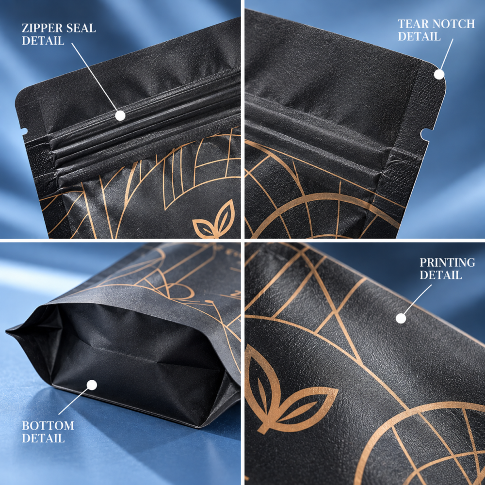 Custom Kraft Paper Protein Powder Pouches-略缩图1 Kraft Paper Protein Powder Pouch Zipper Seal, Tear Notch and Bottom Gusset Details