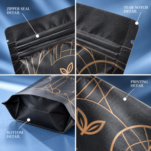 Custom Kraft Paper Protein Powder Pouches-略缩图1 Kraft Paper Protein Powder Pouch Zipper Seal, Tear Notch and Bottom Gusset Details
