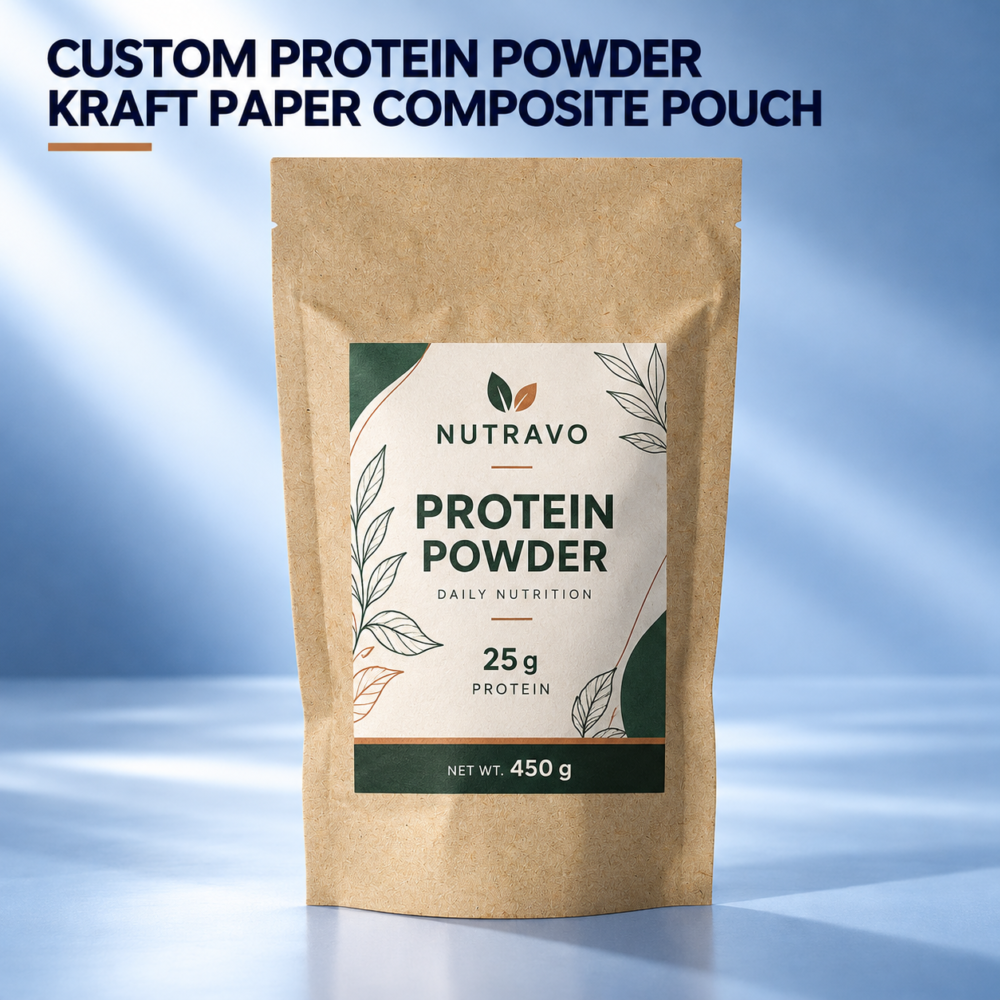 Custom Kraft Paper Protein Powder Pouches-略缩图2 Custom Printed Kraft Paper Protein Powder Pouch with Self-Standing Base