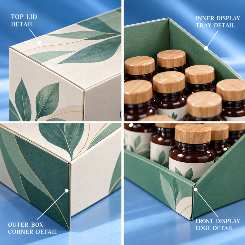 Nutrition Supplement Display Box with Inner Compartments and Front Display Panel