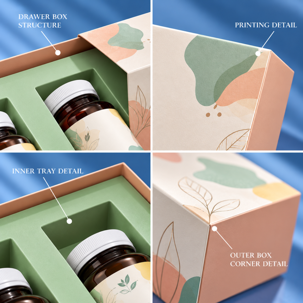 Vitamin Supplement Drawer Box with Inner Tray and Printed Details