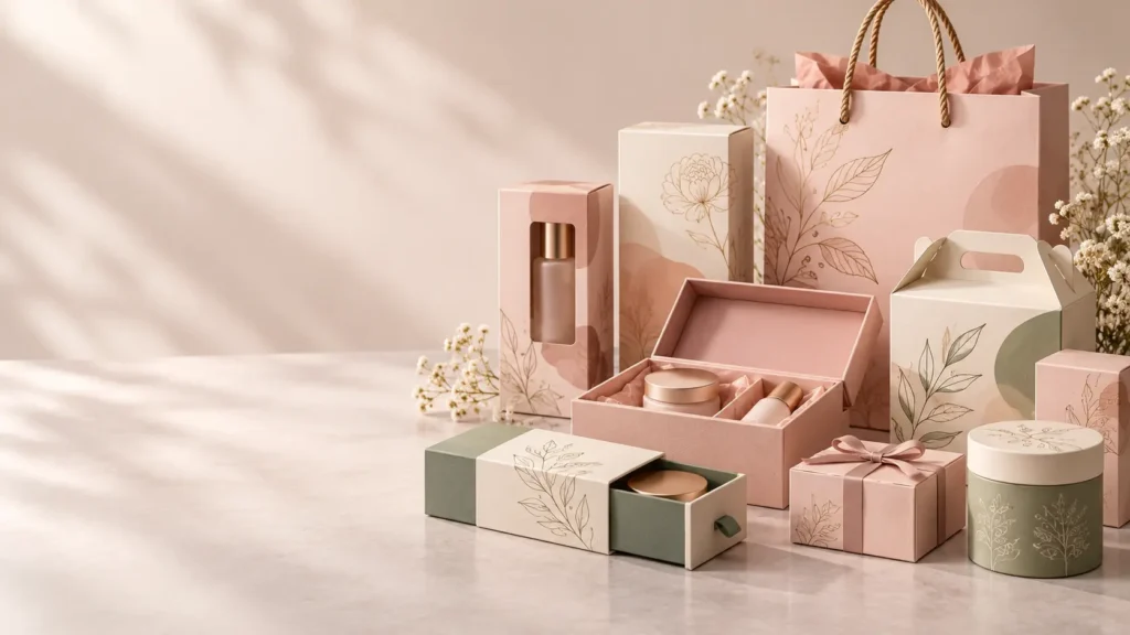Custom beauty and personal care paper packaging including cosmetic boxes, skincare cartons, gift boxes, paper bags and premium paper containers