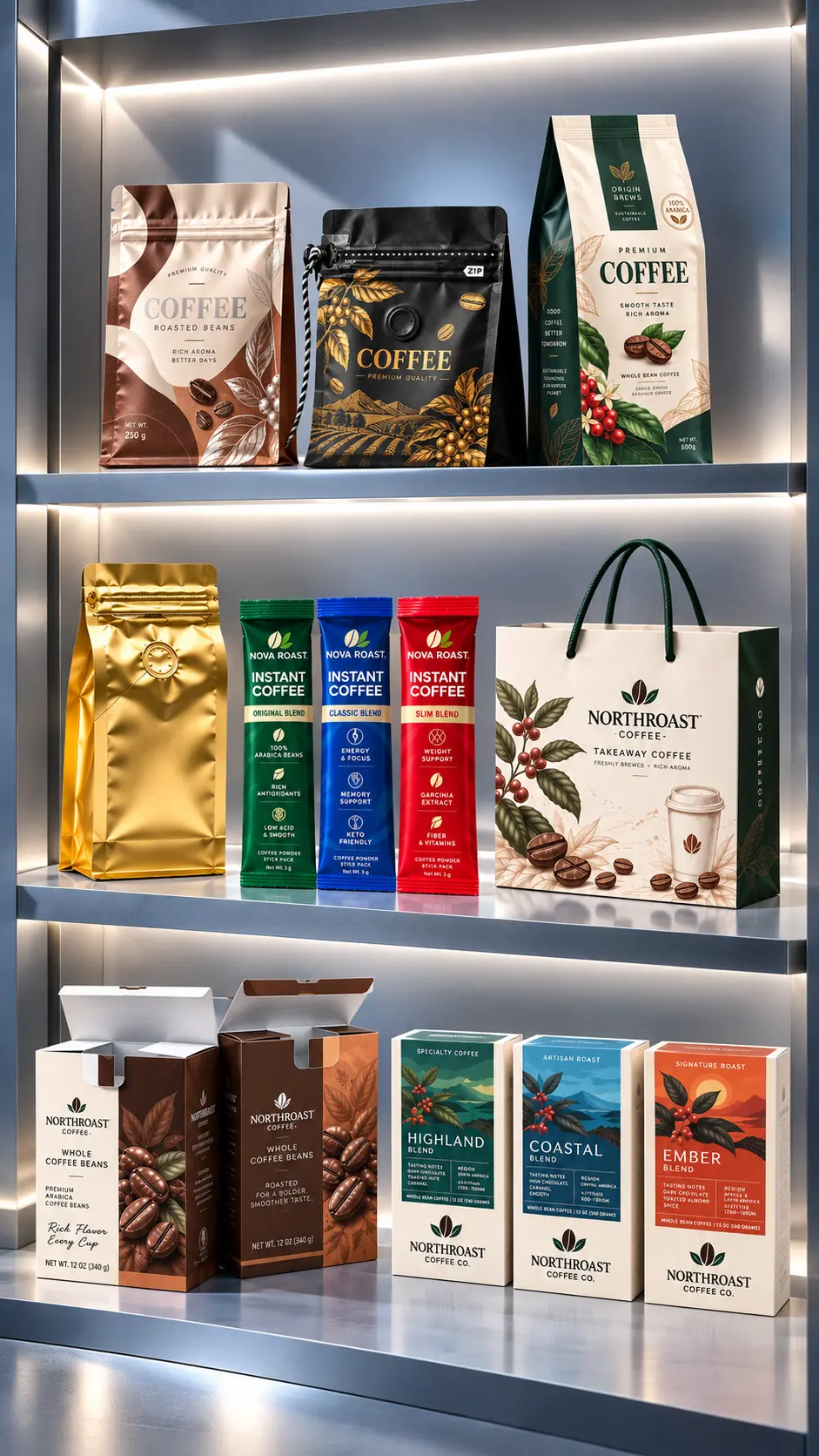 Custom coffee packaging display featuring coffee bags, instant coffee stick packs and printed paperboard boxes.