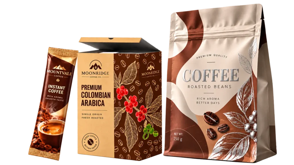 Custom coffee packaging examples featuring printed coffee bags, coffee boxes and single-serve coffee packs