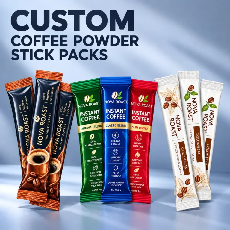 Custom printed instant coffee powder stick packs in assorted colors and single-serve sachet designs