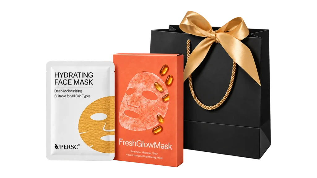 Custom cosmetic packaging featuring printed face mask pouches, skincare paperboard boxes and branded gift bags