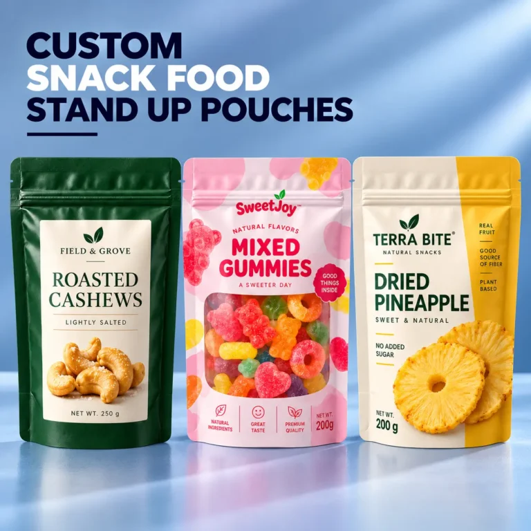 Custom Doypack stand up pouches for roasted cashews, gummy candy and dried pineapple