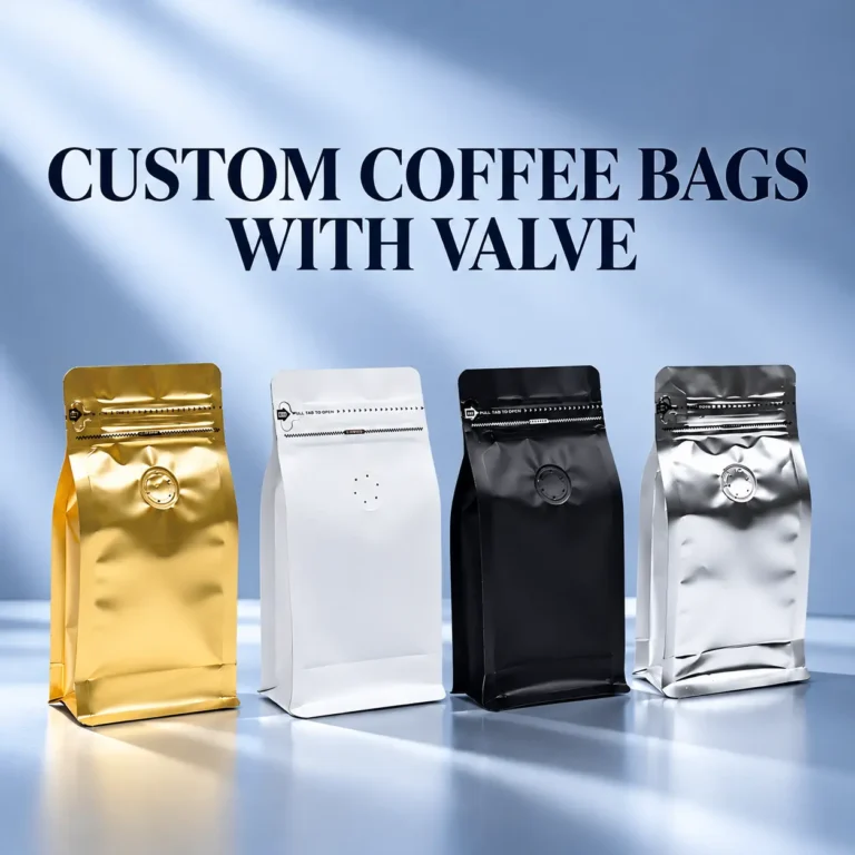 Custom coffee bags with one-way degassing valves in gold, white, black and silver finishes
