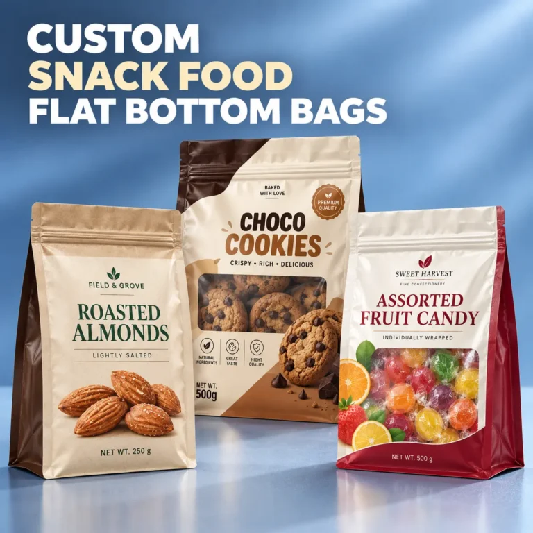 Custom flat bottom food bags for almonds, cookies and assorted fruit candy
