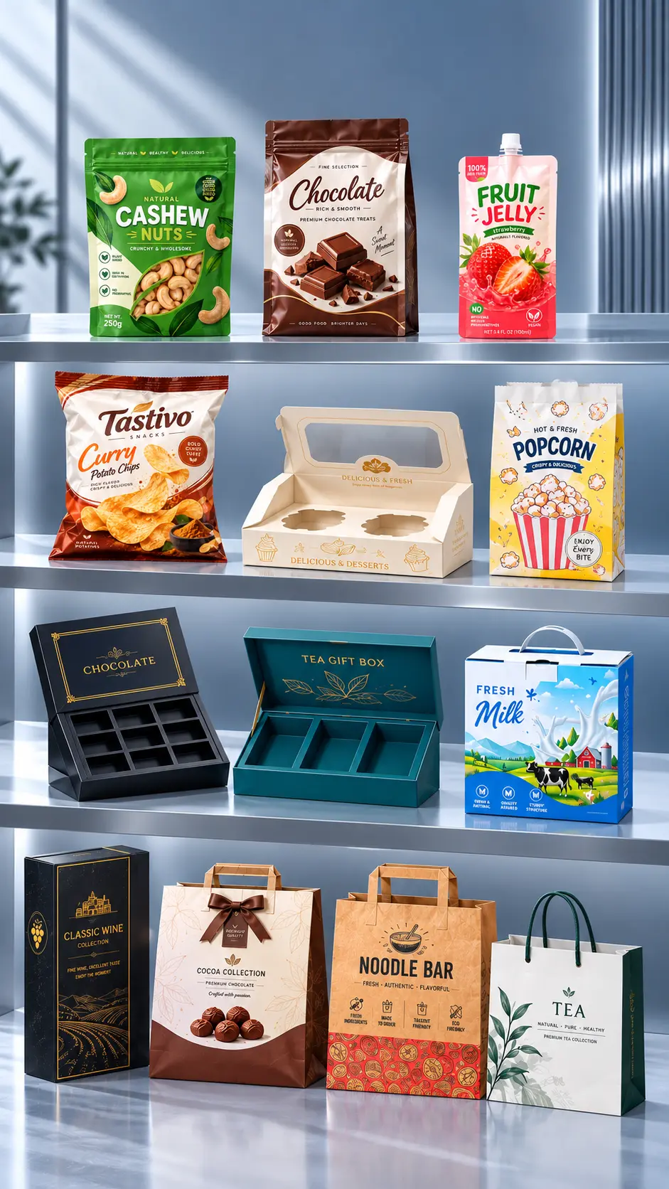Custom food packaging applications featuring snack pouches, chocolate boxes, paper bags and gift packaging