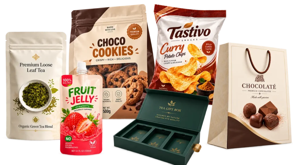 Custom food packaging bags and paperboard boxes, including snack pouches, spout pouches, tea bags and gift packaging