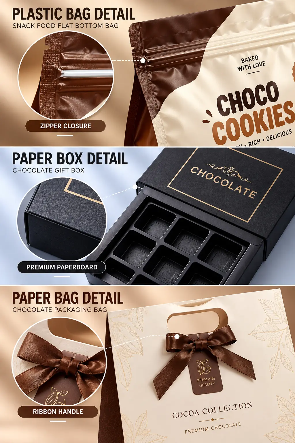 Custom food packaging details showing resealable plastic bags, chocolate paperboard boxes and printed paper gift bags