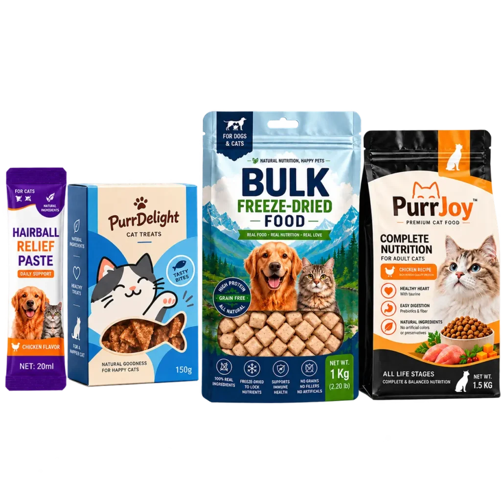 Custom pet food packaging bags, cat treat boxes, and flexible pet food pouches