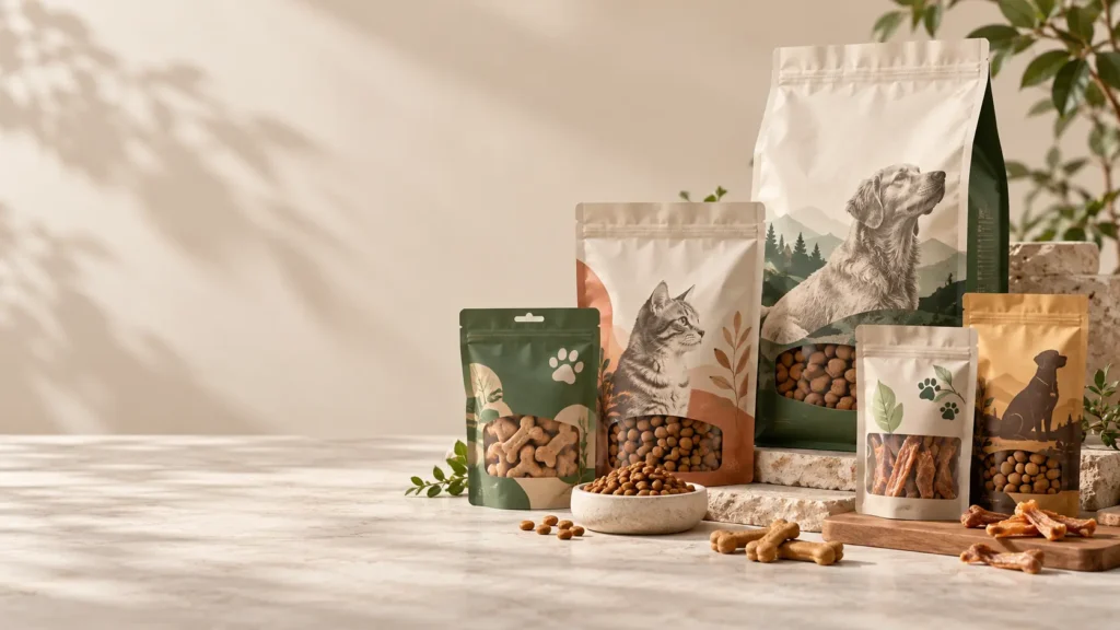 Custom pet food packaging bags featuring dog food pouches, cat food bags and resealable pet treat packaging.
