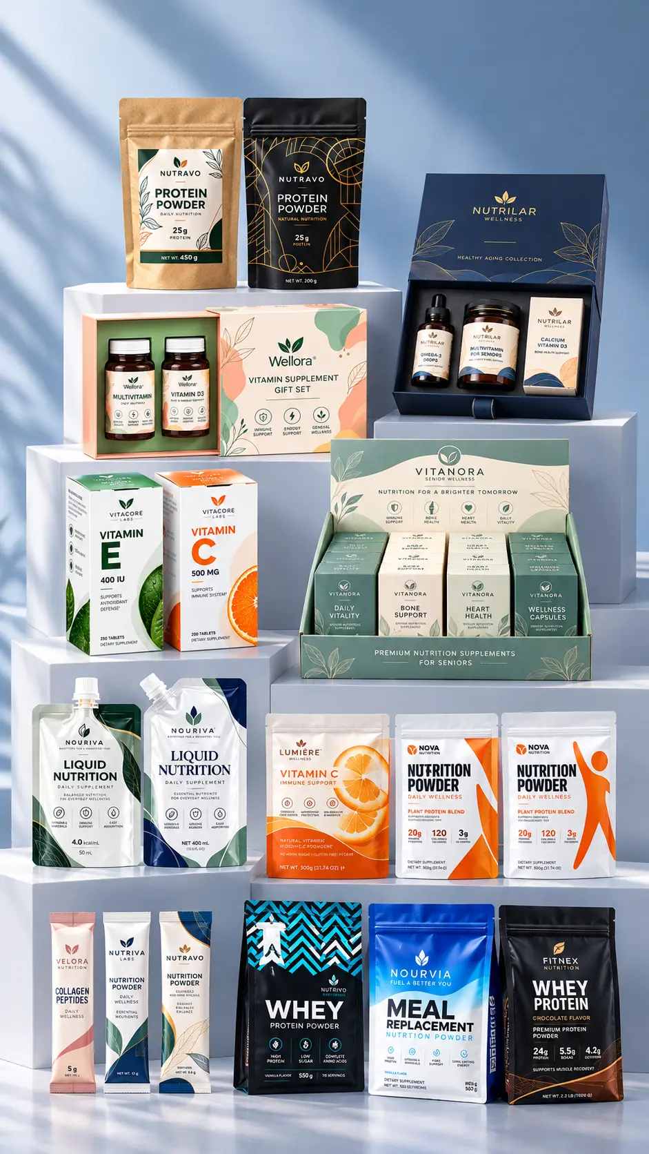 Custom supplement packaging display featuring protein powder pouches, vitamin boxes, stick sachets and liquid spout pouches