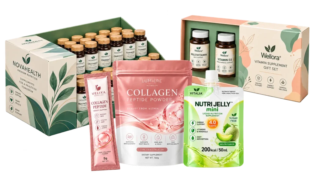 Custom supplement packaging featuring powder pouches, single-serve sachets, liquid spout pouches and vitamin gift boxes