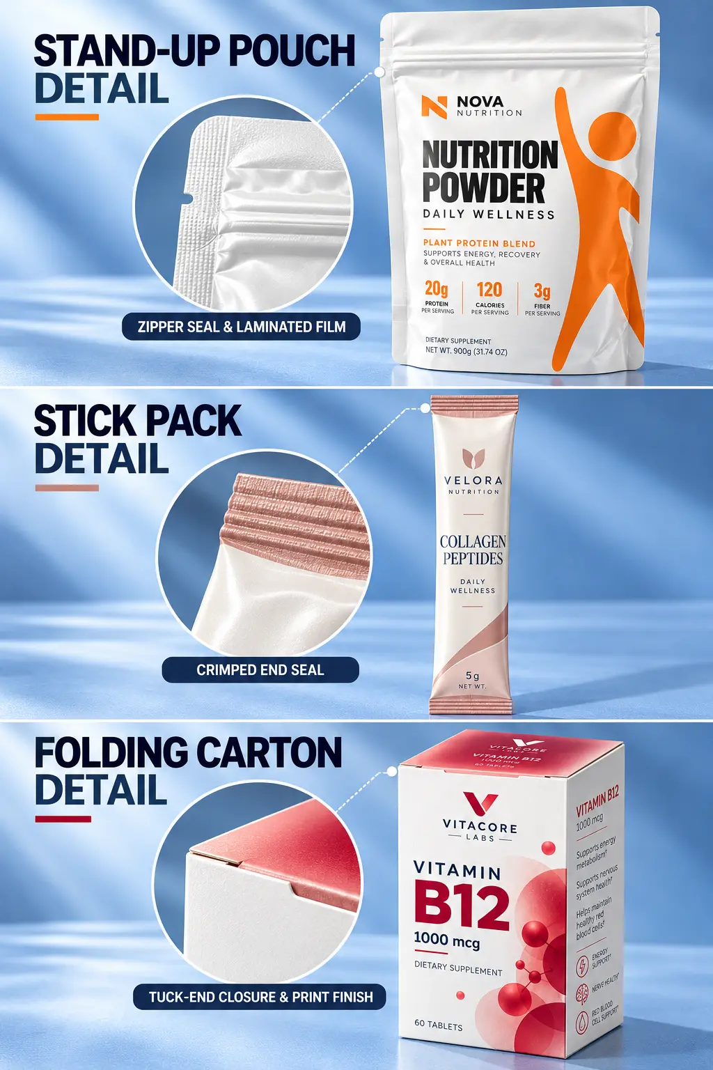 Custom supplement packaging details showing stand-up powder pouches, stick pack sachets and folding paperboard boxes